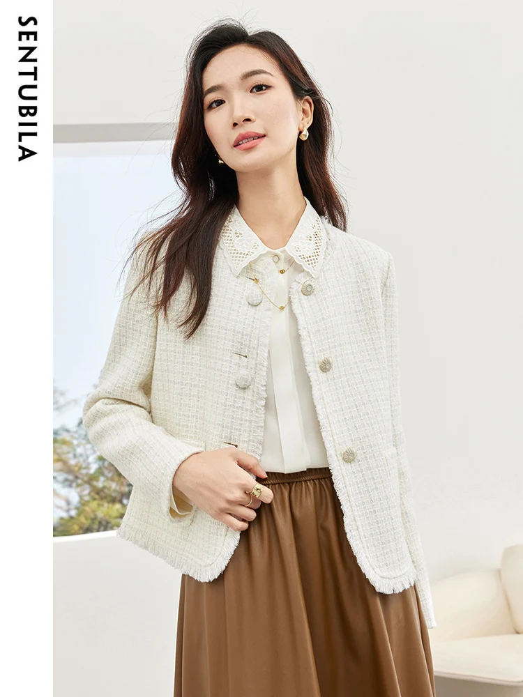 

Sentubila Short Plaid Wool Coat For Women 2023 Autumn Winter Double Breasted Crew Neck Crop Jackets Warm Overcoat Top W34O50314