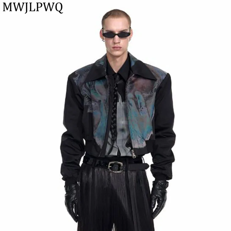 

MWJLPWQ Черная короткая куртка с мягкими плечами и принтом, уличная осенняя мужская куртка с отложным воротником, стильные свободные повседневные топы с лацканами 11754