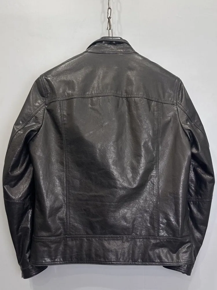 Retro Fashion Stand Collar Long Sleeves Genuine Leather Jacket Solid Color Zipper Button Loose Cowhide Male Motorcycle Coat - Image 2