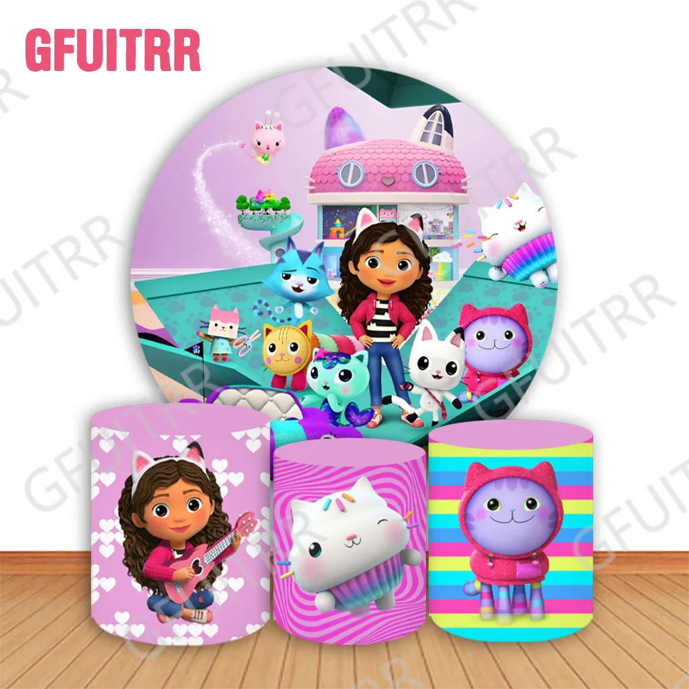 GFUITRR Gabby Dollhouse Round Backdrop Kids Baby Shower Birthday Party Decor Circle and Cylinder Covers Photo Background