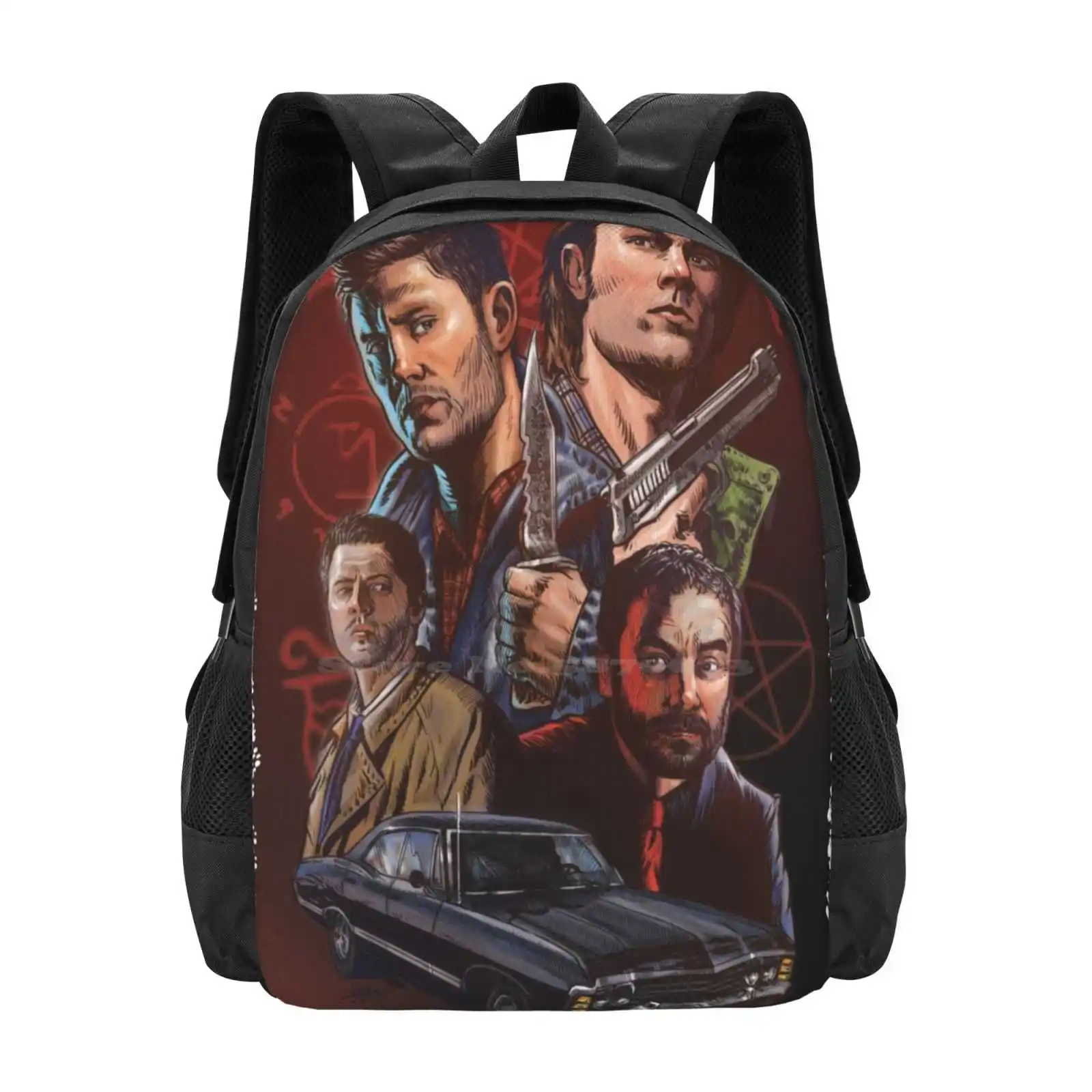 Supernatural : Sam & Dean Winchester , Castiel , Crowley ( Team Free Will ) Merchendice 2017 Teen College Student Backpack