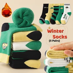 Children's Winter Socks 5 Pairs Student's Thick Cotton Socks Boys Warm Winter Socks Cartoon Racing Car Pattern