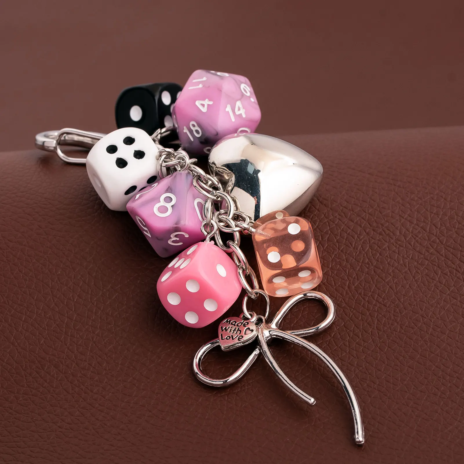 Korean Pink Dice Bag Charm Y2K Sieve Bow Keychain Men Women Bag Pendant Key Ring Casino Party Gift Car Mobile Phone Accessorie
