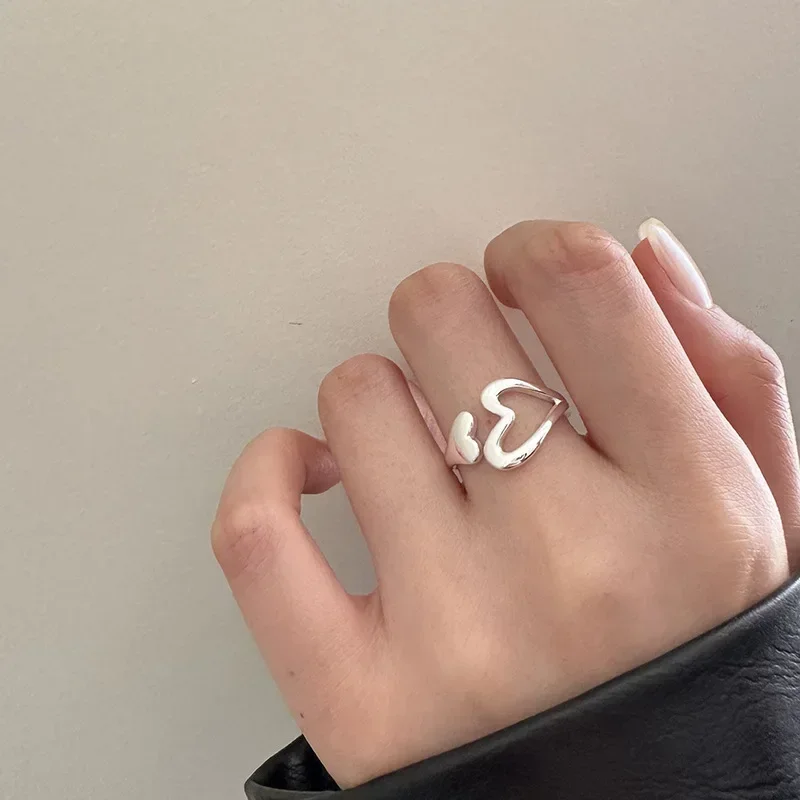Women's Silver Color Hollow Heart Adjustable Ring