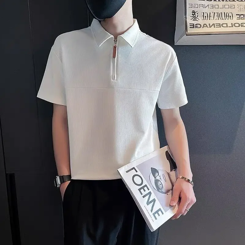 

White Mens with Collar T-shirt Zipper Black Skinny Male Polo Shirts Plain Casual Short Quarter Sleeve Fashion Cheap Tops Party