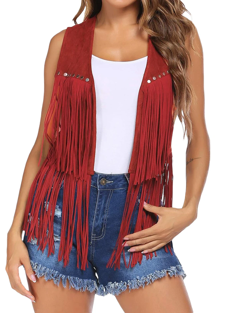 Vintage Women Tassel Vest 70s Hippie Faux Suede Rivets Sleeveless Fringe Jacket Waistcoat Streetwear S-XXXL