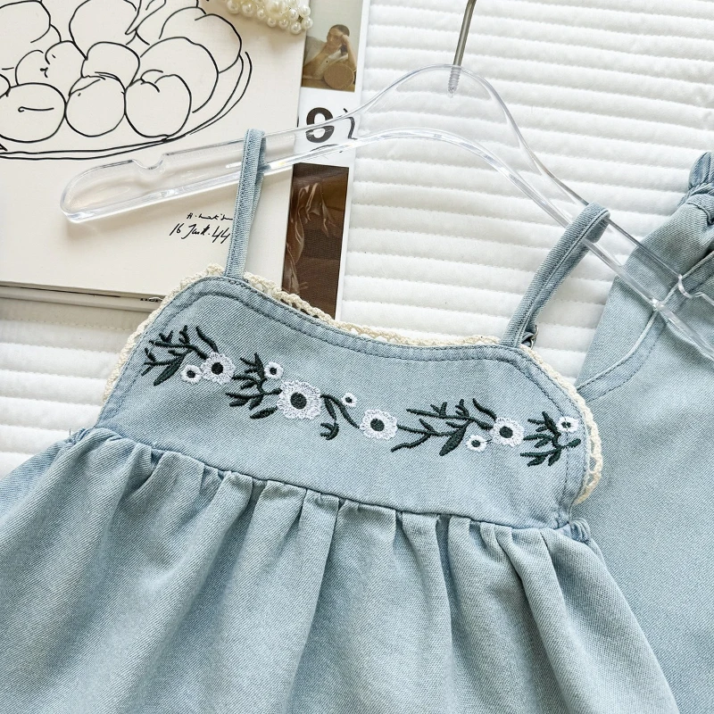 2026 Summer New Hot Selling Soft Sticky Cowboy Flower Embroidered Strap and Pants Two Piece Set