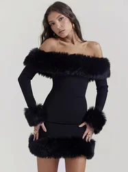 Woman Clothing Off Shoulder Slash Neck Fur Patchwork Black Dress 2024 Spring Long Sleeve Bodycon Short Party Evening Dresses