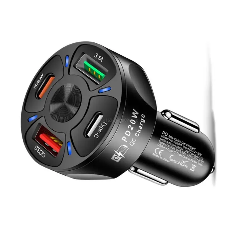 USB C Car Charger 38W 4 Port Phone Car Charger Adapter with PD20W QC3.0 3.1A Type C C Phone Charger Fast Charging