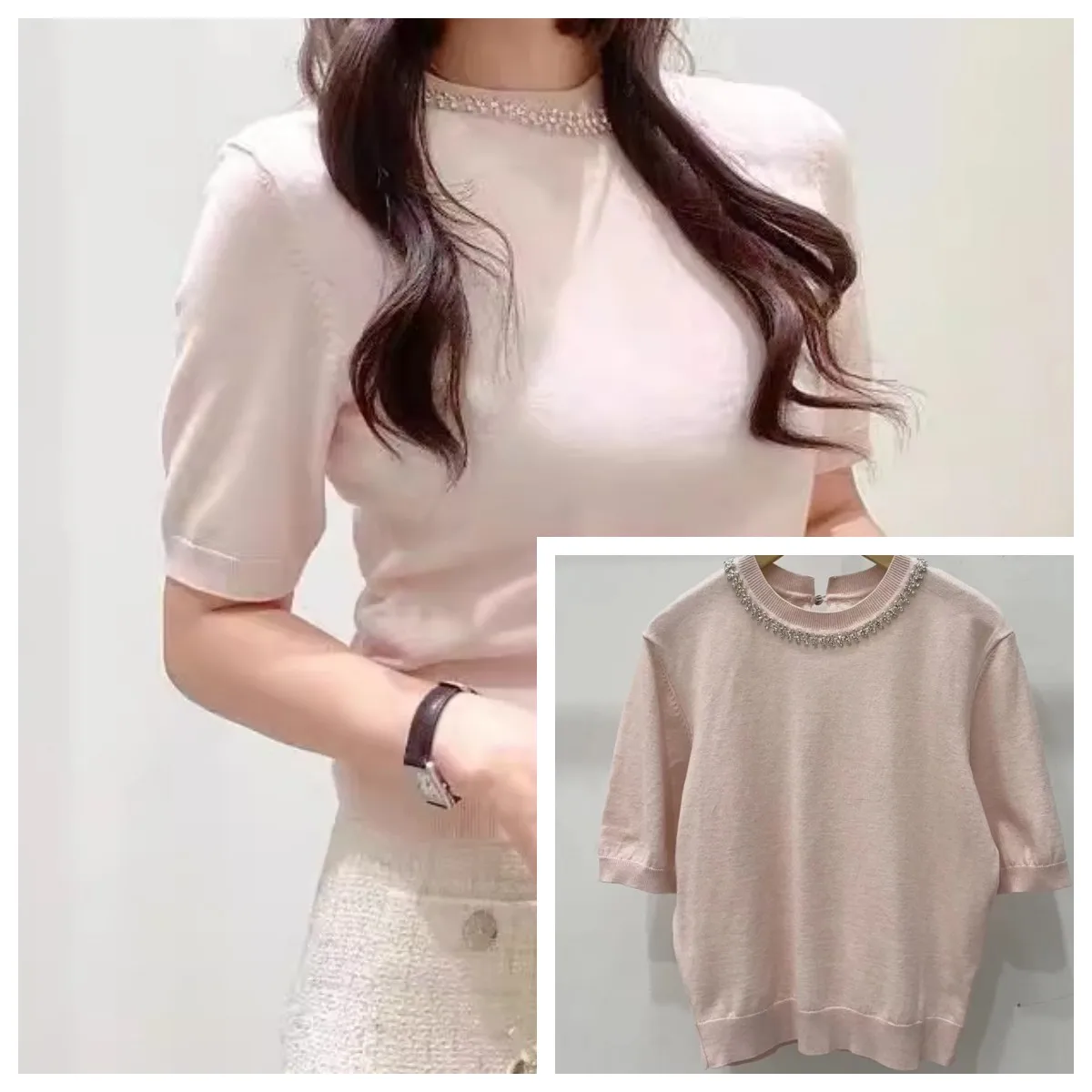 

Women Short Sleeve Knitted T-Shirt Diamond Embedding O-Neck Elegant Female Knitwear Pullover Tee Top