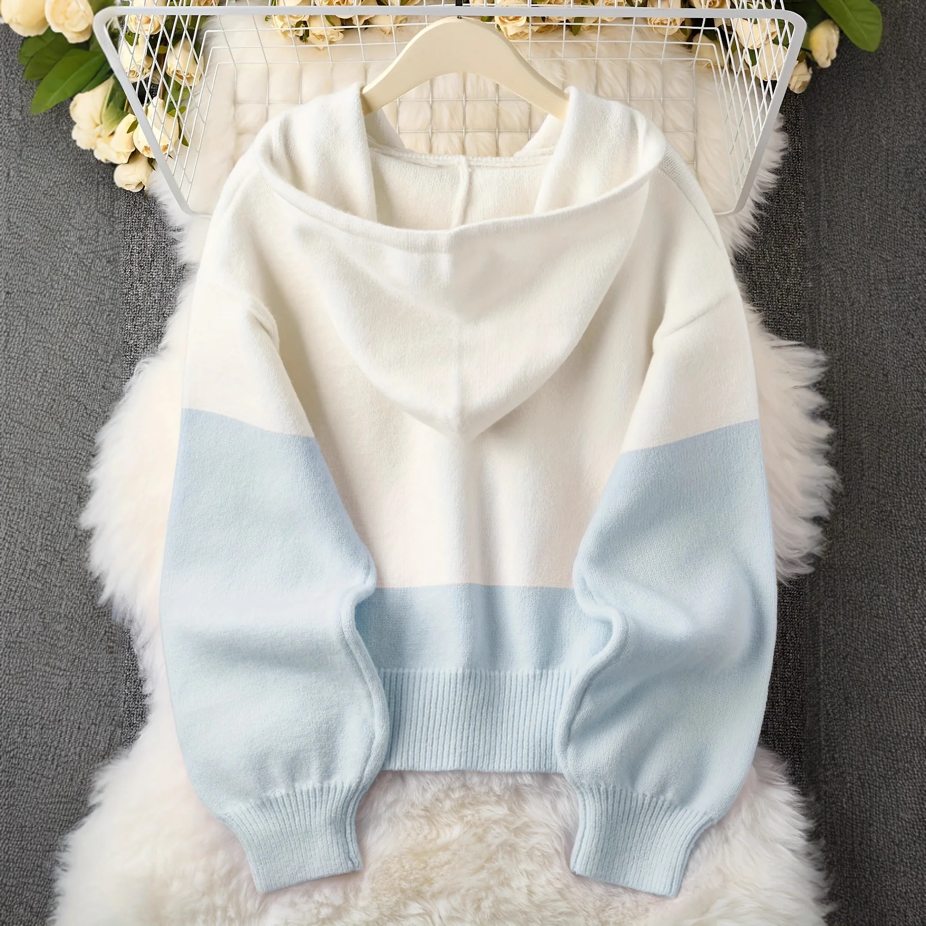 

Korean Pink Splicing Hooded Knit Sweater Women Cardigan Jacket Spring Autumn Coat New Long-sleeved Knitted Sweater Female Tops