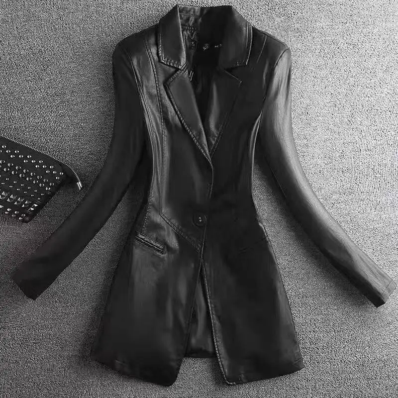 Women Trendy Black Soft Faux Leather Slim Fitting Blazer Jacket Long Sleeve Office Lady PU Suit Coat Chic Spring Autumn New