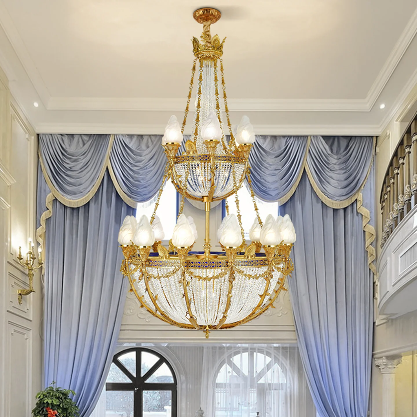 European Luxury Villa Duplex Living Room Banquet Hall Crystal Large Chandelier Hall Loft Stairwell Brass Round Big Pendant Lamp