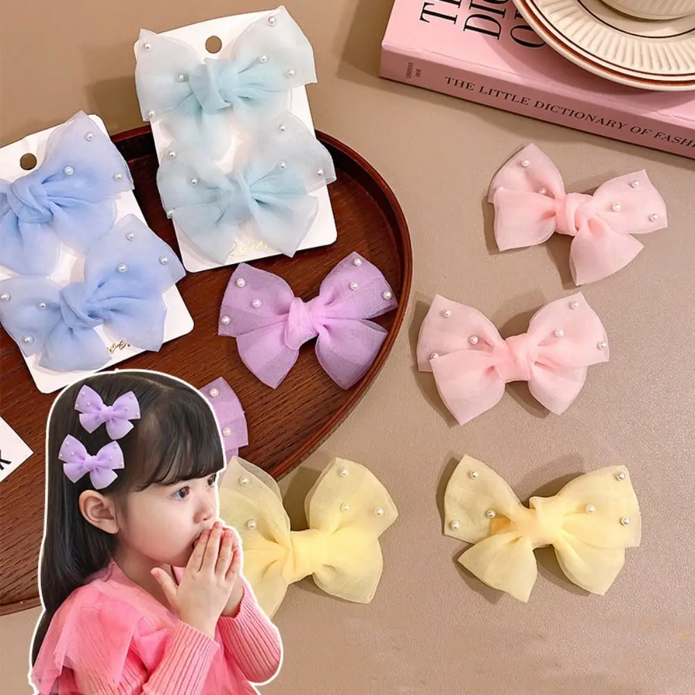 2pcs/Set Fashion Cute Bow Hair Clips with Imitation Pearls Multicolor Side Barrettes Headdress Sweet Bangs Broken Hairpin