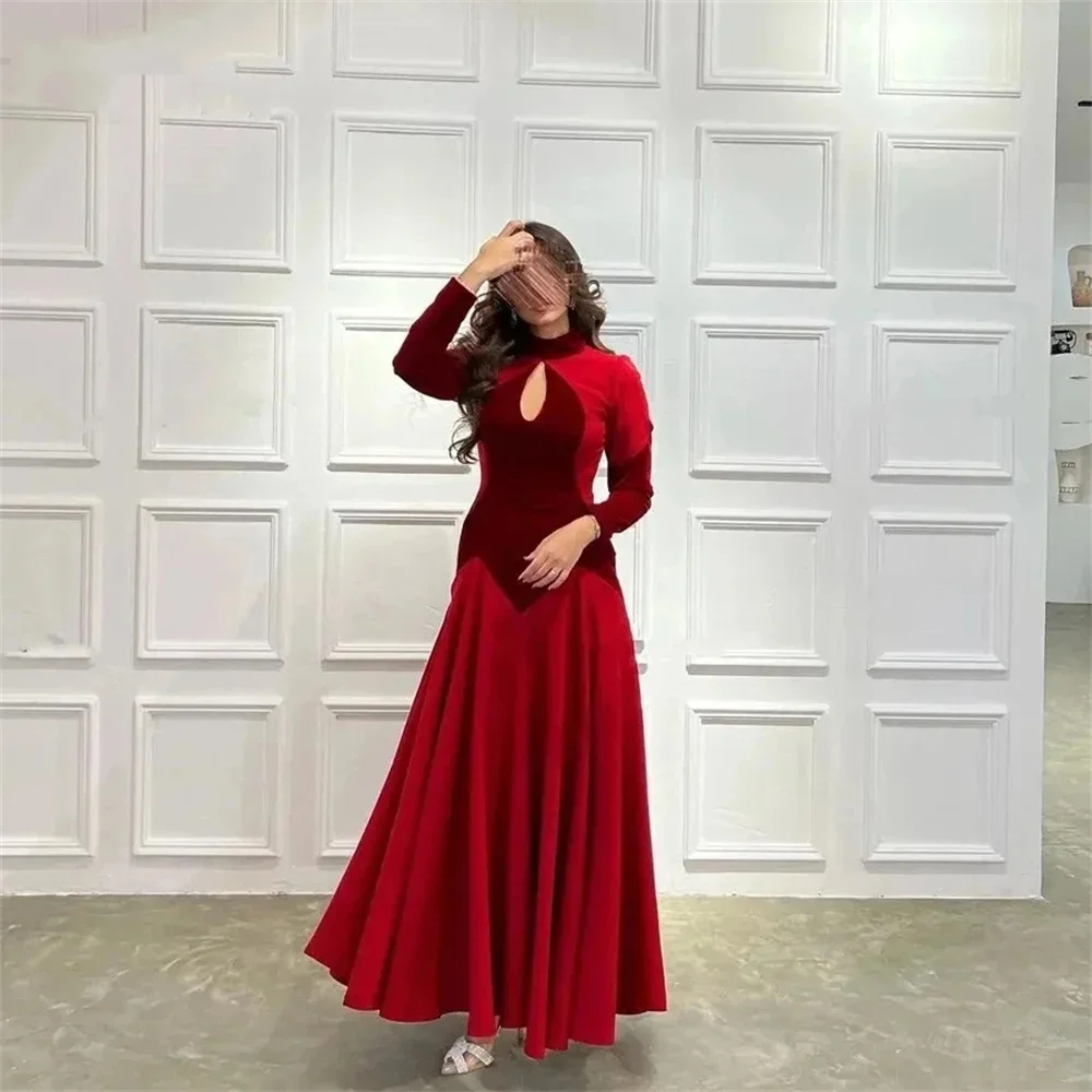 

O-neck ball party dress A-line long sleeved high necked pleated knee length satin elegant formal evening dress 2024