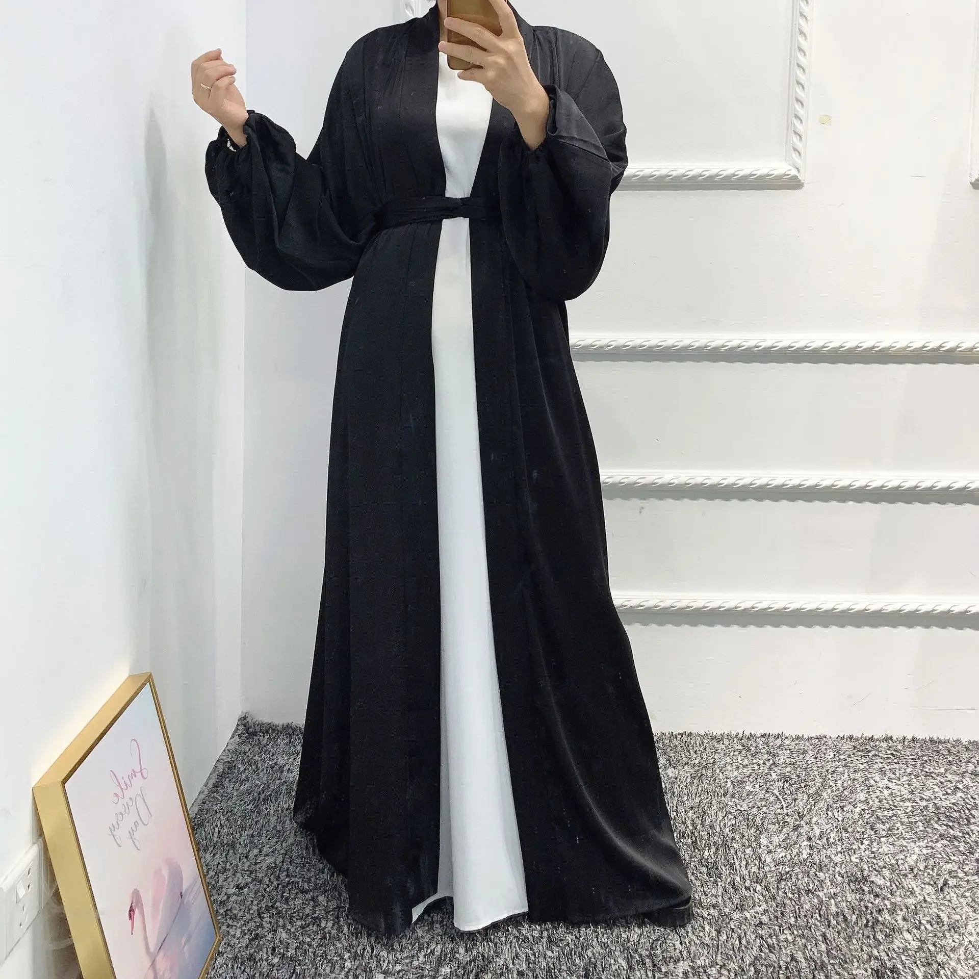 2025 Eid Open Abaya Women Kaftan Ramadan Solid Dress Puff Sleeve Abayas Hijab Robe Caftan Marocain Muslim Jilbab Islam Clothing