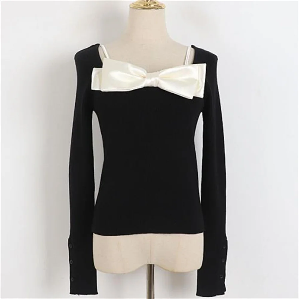 

Bow Knot Sling Sling Neck Top Solid Color Knit Sweater Stretch Fashion Casual top