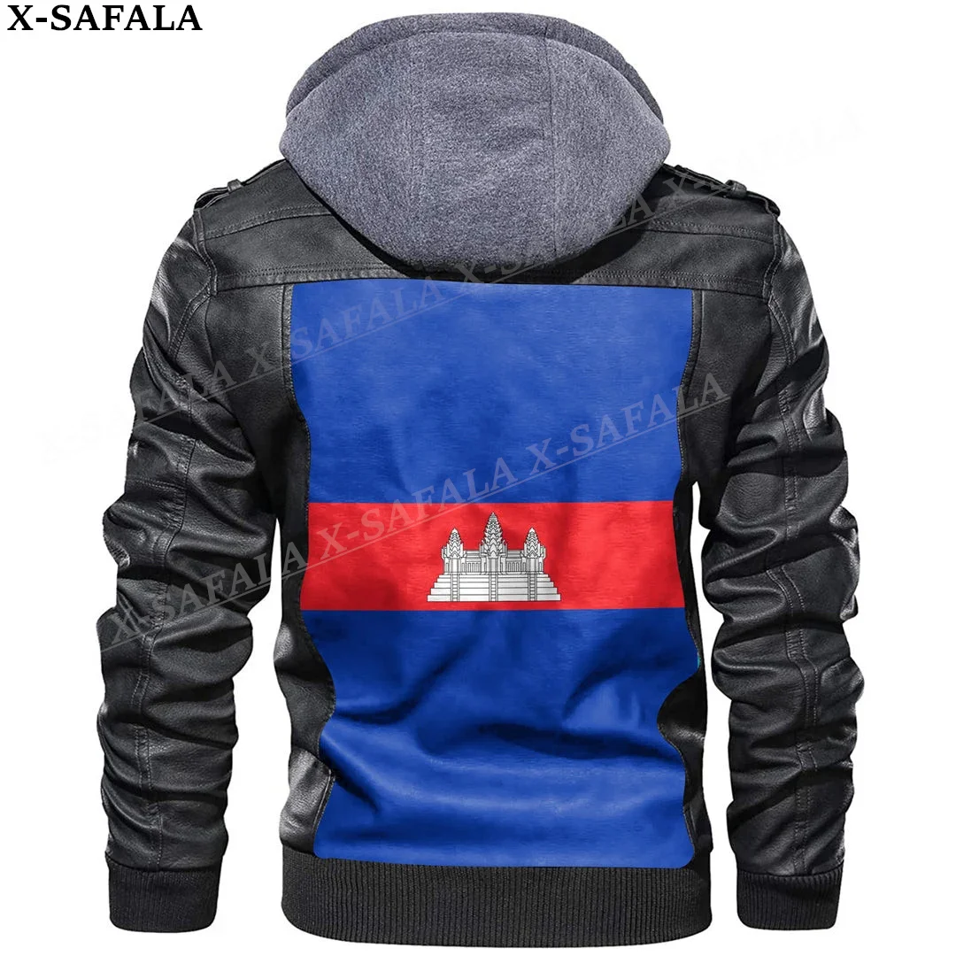 Cambodia Country Flag Leather Jacket Men Winter Fleece Motorcycle Faux Leather Jacket Removable Fur Collar Windbreaker Coat