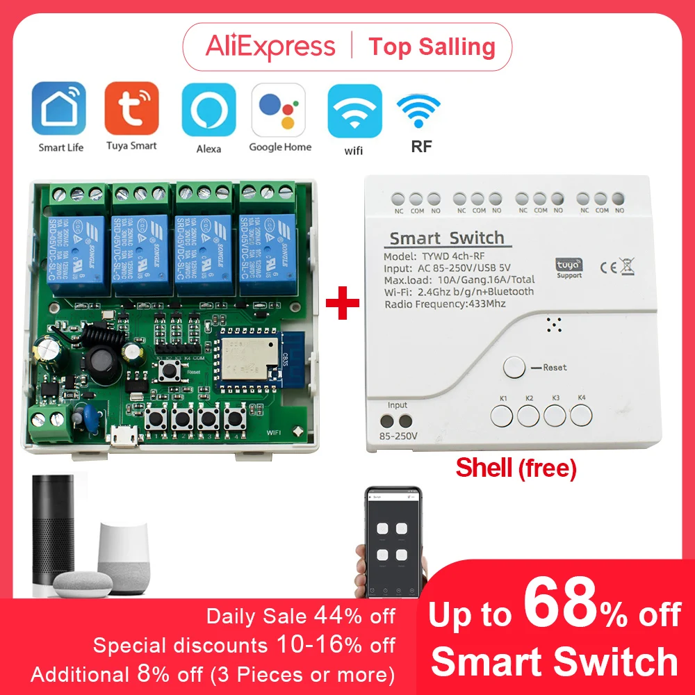 Módulo de interruptor de Motor Wifi inteligente Tuya, 5V, 12V, 24V, 32V, 220V, RF 433, Radio Control remoto, 4 canales, interruptor inteligente