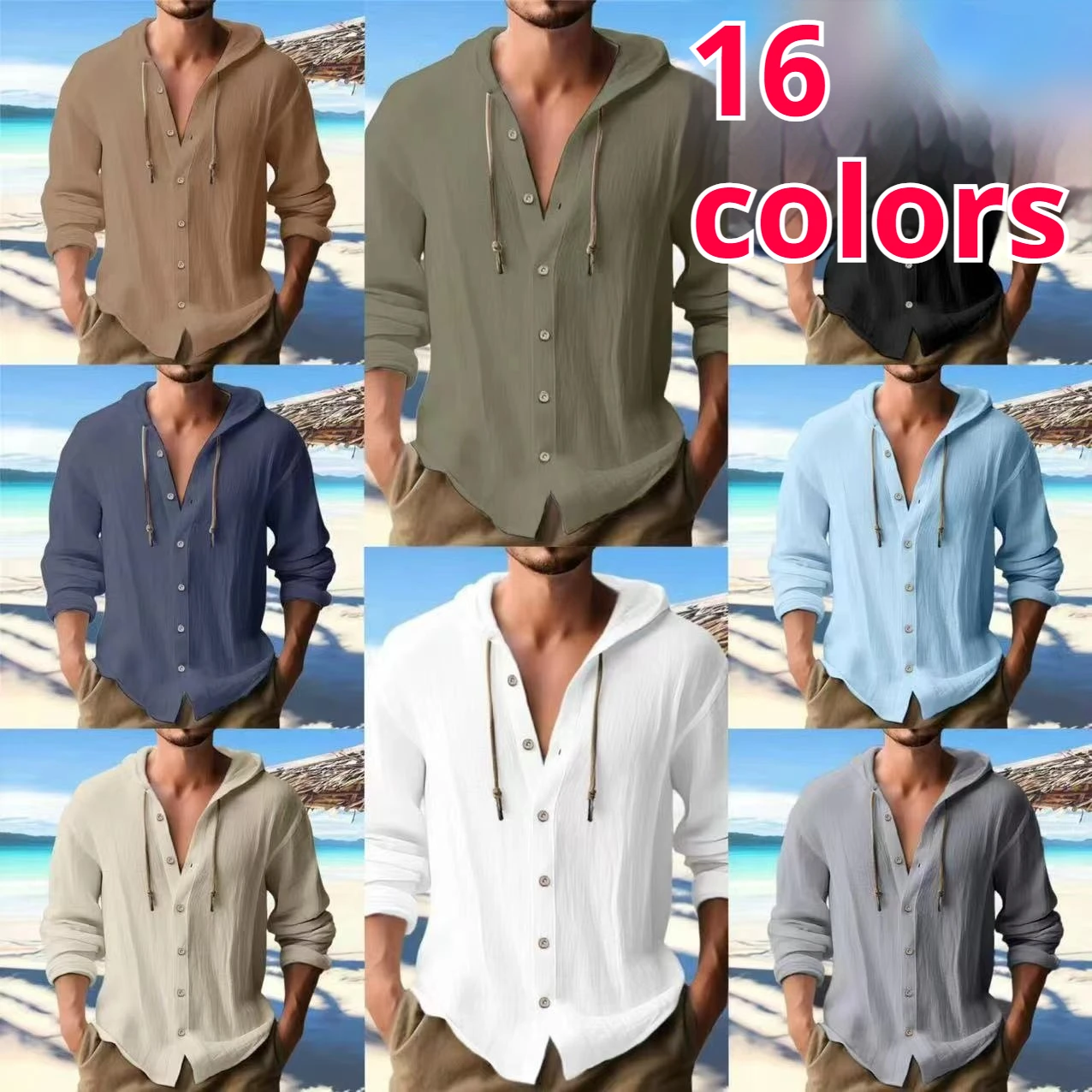 2025 nueva camisa de lino de verano para hombres Color sólido con capucha de manga larga camisa con capucha para hombres Top con botones Casual suelto