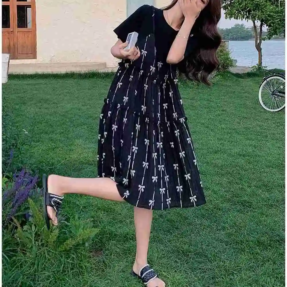 Plus Size 6XL 150KG Summer Black Dress Short Sleeve O Neck Short Sleeve Sweet Ladies Dress Large Size Women Clothing