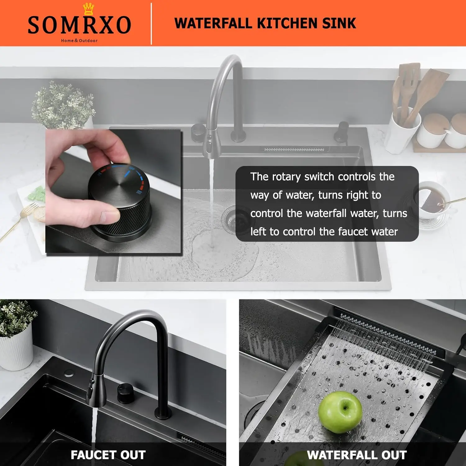 33×22 Waterfall Kitchen Sink Drop In-Somrxo 33 X 22 Drop In Kitchen Sink With Waterfall Workstation Sink 16 Gauge Black