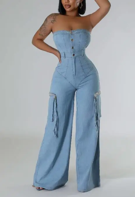 أزياء الصيف مثير فتاة نمط حمالة بذلة الدنيم المرأة العصرية زر حتى الجبهة عالية الخصر سليم صالح واسعة الساق بذلة #3