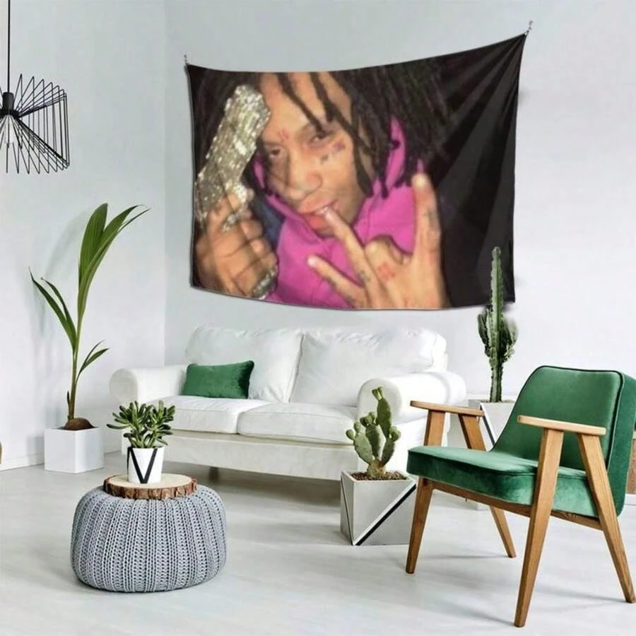1pc Trippie Redd Pink Hoodie Diamond Gun Meme Tapestry, Hip Hop Rapper, Multiple Sizes, Polyester 2D Print Bedroom Decor, Rap Fa