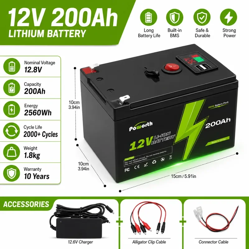 12V 200Ah Lithium Battery 18650 Cells Built-in BMS Solar Energy Storage Power Supply Backup Power Source