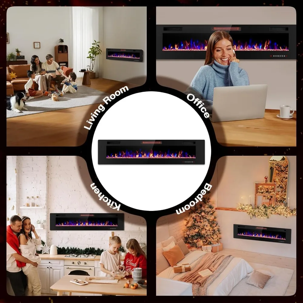 Electric Wall-Mounted Fireplace with Remote, Ultra-Thin Design, Quiet Operation, Adjustable 12-Color Flames, Brightness Settings