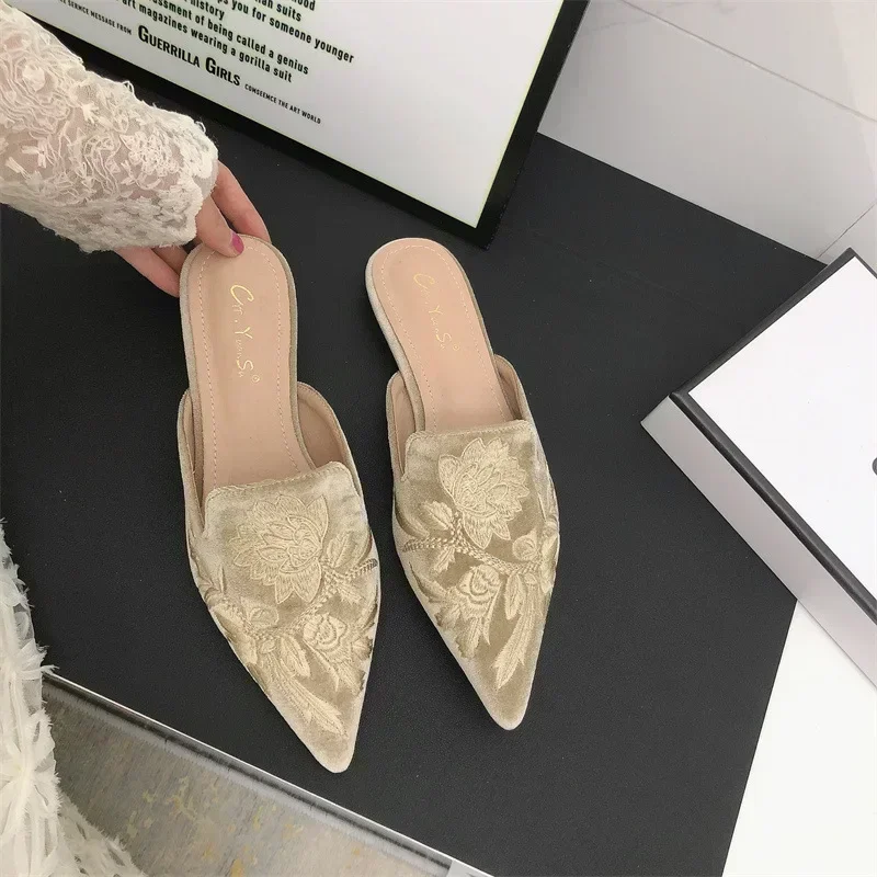 National Style Women\'s Half Slippers Pointed Toe Flock Cover Head Embroidery Flower Casual Flat Shoes Black/Apricot/Green