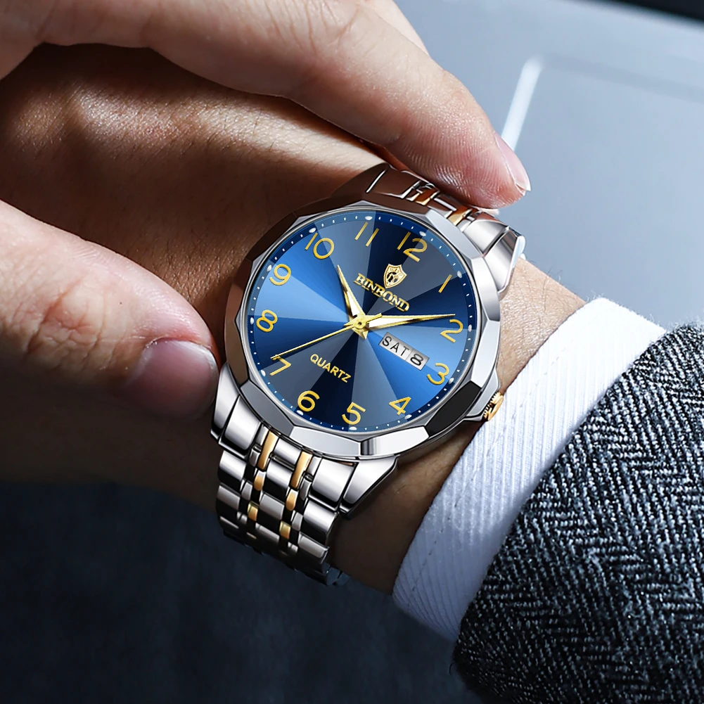 BINBOND ساعات رجالية فاخرة موضة أصلية كوارتز ساعة يد كبيرة أرقام عربية الهاتفي حزام الفولاذ المقاوم للصدأ مقاوم للماء Reloj
