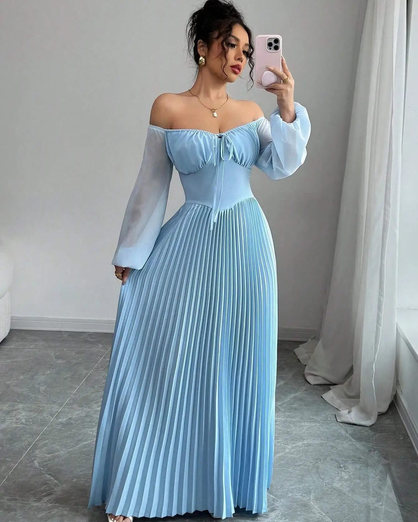 

Customized Sexy Jersey Off the Shoulder Evening Dresses Delicate Long Sleeves Boat Neck Bridal Party Custom Made Prom
