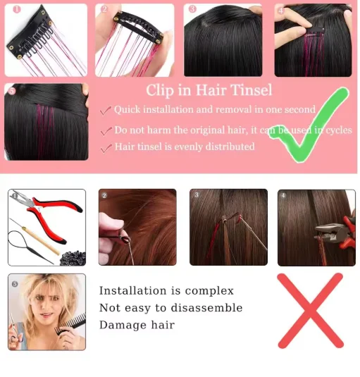 12Pcs Crystal Glitter Hair Extensions 20 Colorful Tinsel Strands Kit Elegant Party Hair Accessories for Women