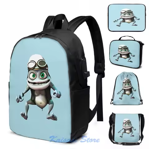 Funny Graphic print Crazy frog USB Charge Backpack men School bags Women bag Travel laptop bag