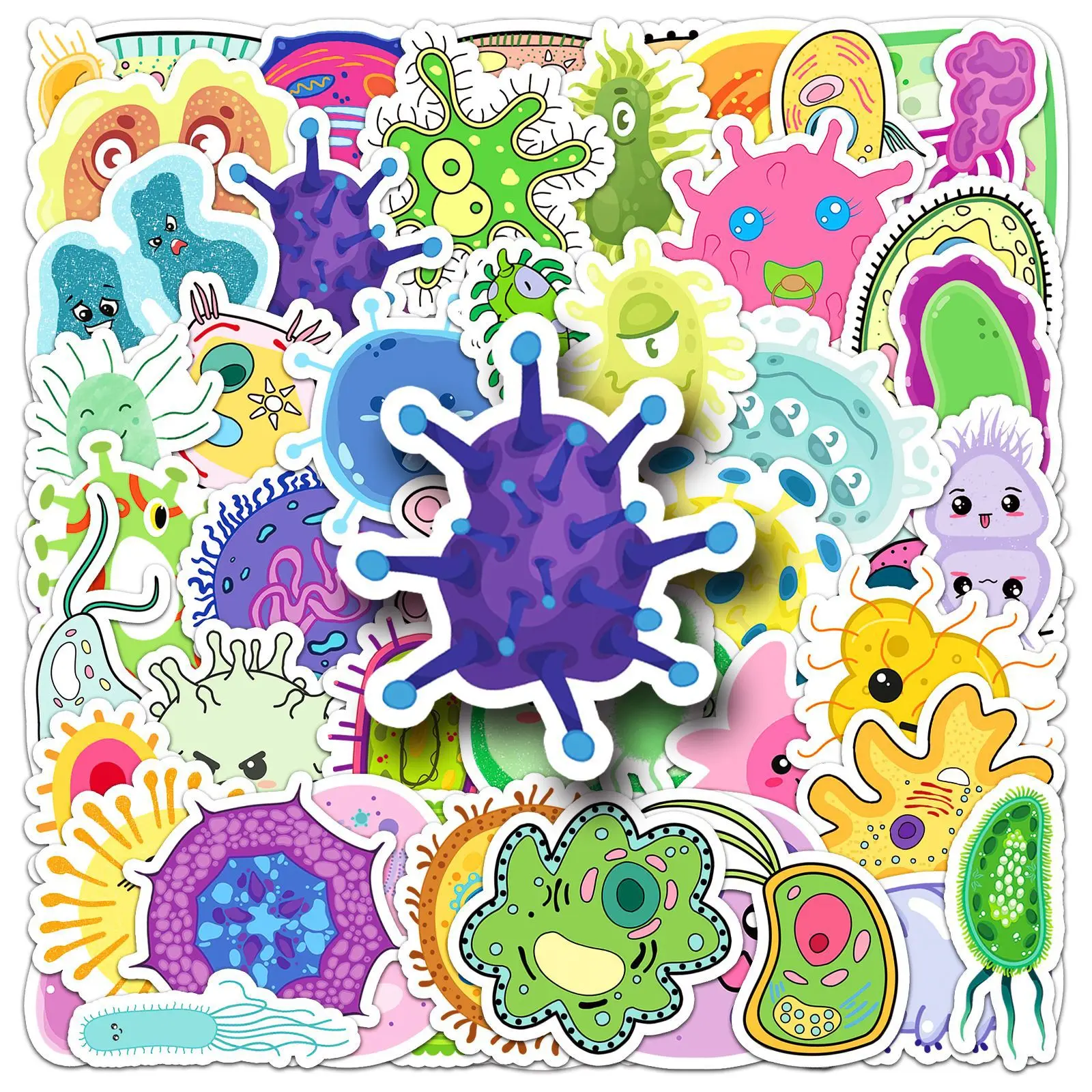50 Stück Niedliche Bakterien-Virus-Aufkleber Kawaii Mikroorganismen-Sticker für Scrapbook, Notizbuch, Laptop, Handyhülle, Wasserflasche