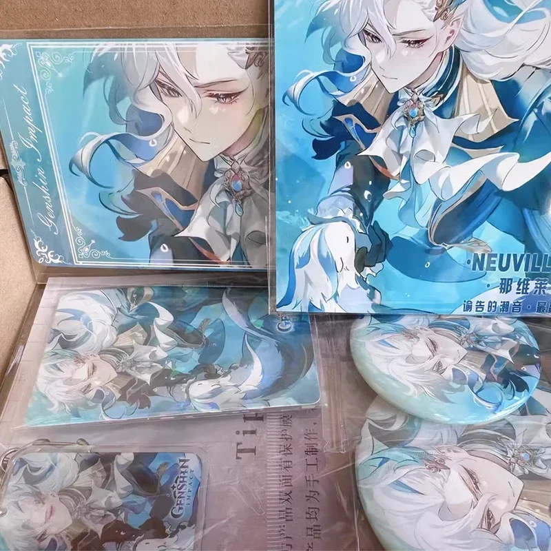 

New 6Pcs Game Genshin Impact Set Neuvillette collection toy Keychain Laser badge LOMO Card Postcard Laser Card sleeves gift
