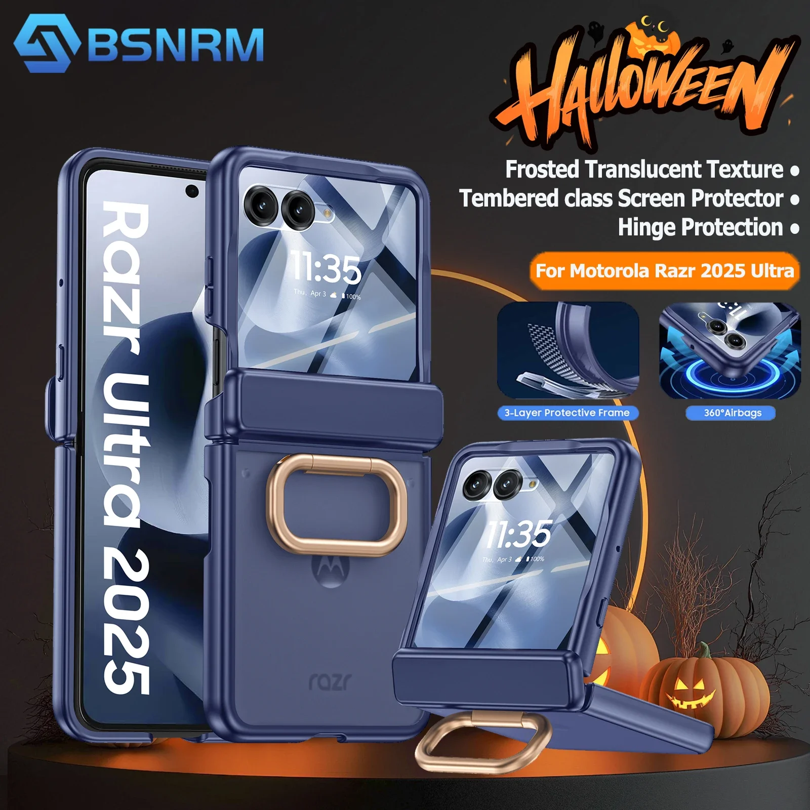 

Halloween Gifts,with Ring Holder,Screen Protector,Hinge Protection,Matte PC Shockproof for Motorola Razr Ultra 2025 Case-Blue