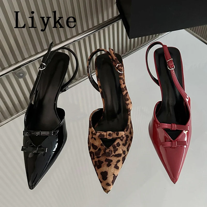 Liyke Designer Butterfly-knot Pointed Toe Stiletto High Heels Mules Sandal Sexy Leopard Print Back Buckle Strap Shoe Women Pumps