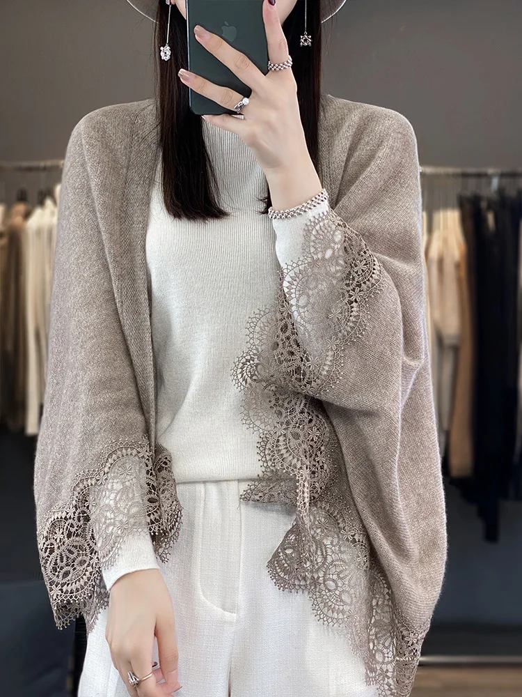 Korean Fashion Solid Color Lace Wool Coat Warm Shawl Women\'s Autumn Winter Soft Knitted  Blouse Cardigan Neck Guard Cloak Scarf