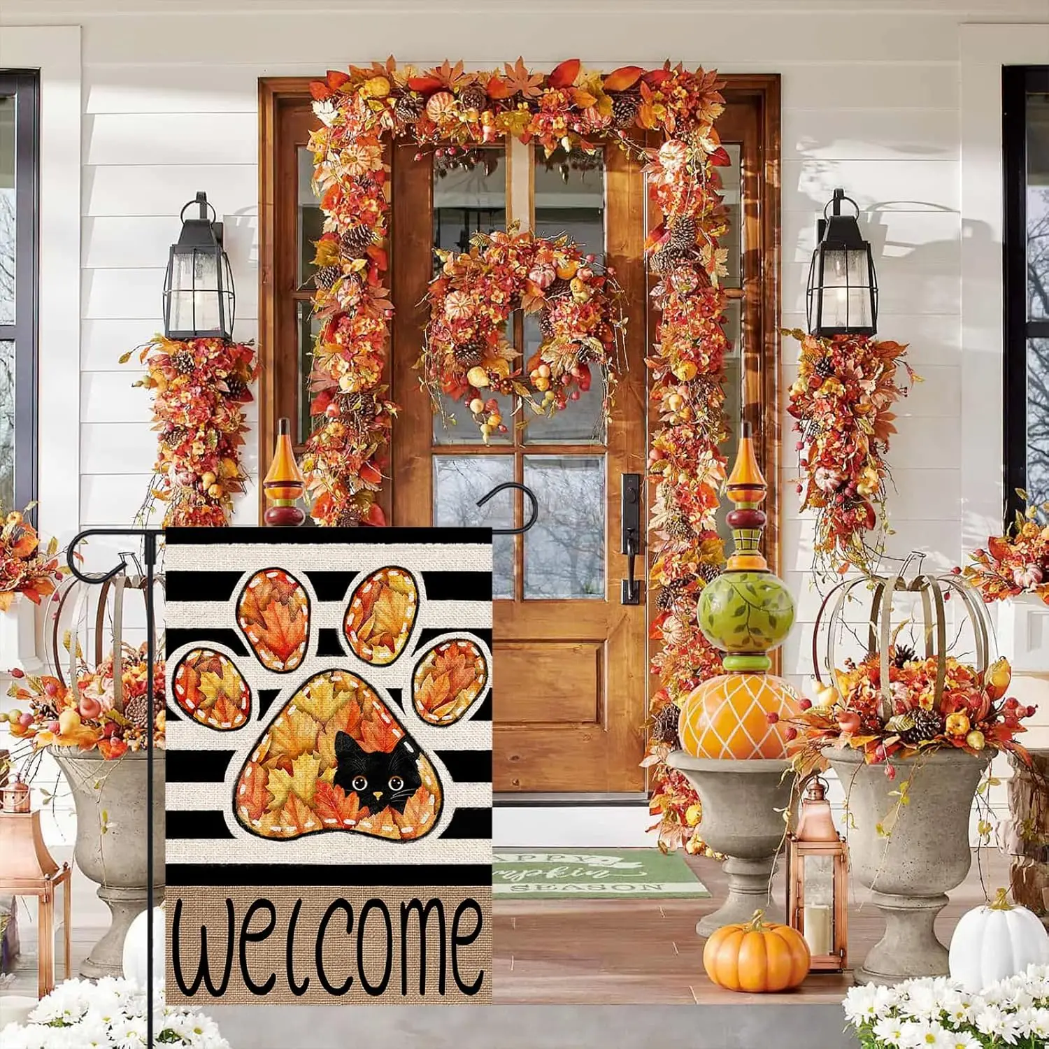 Welcome Fall Cat Garden Flag 12x18 Inch Double Sided Outside Maple Leaves Paw Print Stripes Small Burlap Flag Yard Farmhouse UUN