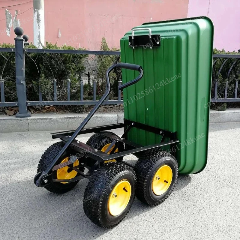 Lawn Garden Handing Tools Utility Cart Farm Wagon Trolleys, Plastic Four-Wheel Trailer Tipper, Small Stall, Cargo Carrier, 210kg