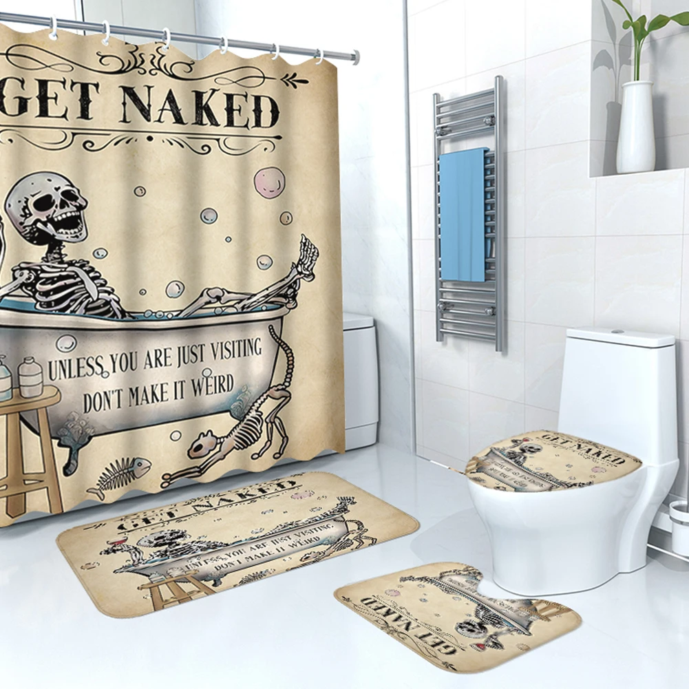 Halloween Cute Ghost Shower Curtain with 12 Hooks Skeleton In Bathtub Shower Curtain with Rugs & Toilet Mat Bathroom Accessories