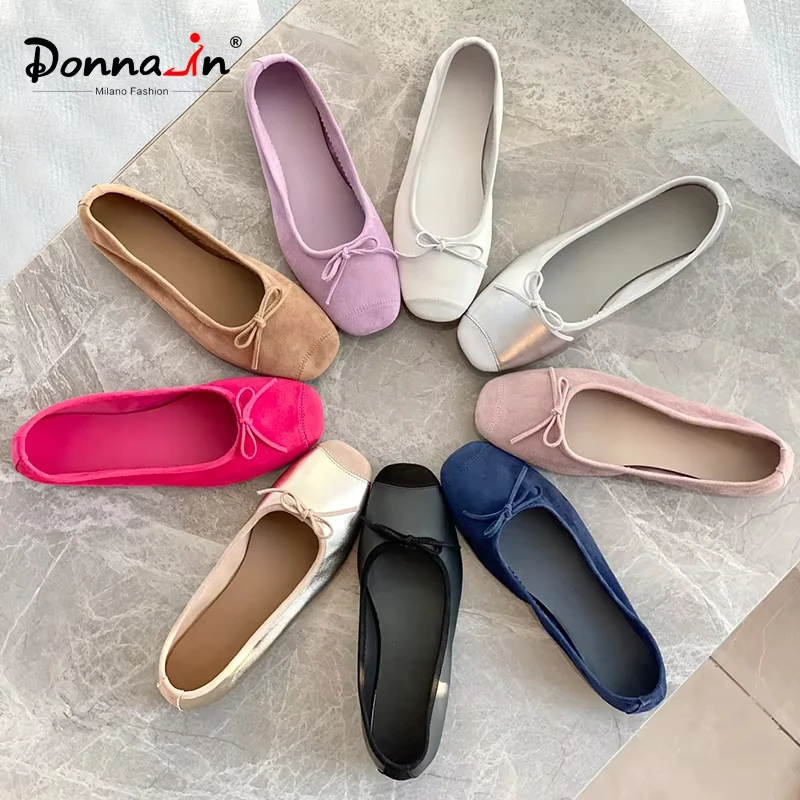 

Donna-in Sheepskin Suede Leather Ballet Flats Women Shoes Soft Slip On Elegant Summer Comfort Bow-knot Ladies Ballerina Shoes