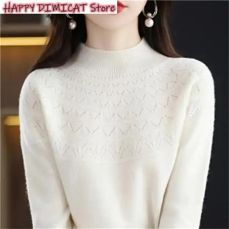 

00% Pure Wool Knitwear Soft Jumpers New Cashmere Sweater Autumn Winter 1Women's Bottoming Shirts Knitted Pullover Hollowed-out