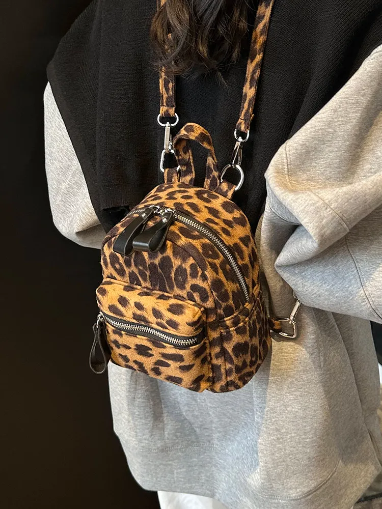 

New Retro Mini Leopard Print Backpack for Women Autumn Fashion Travel Small Bookbag Student's School Shoulder Backpacks Girls