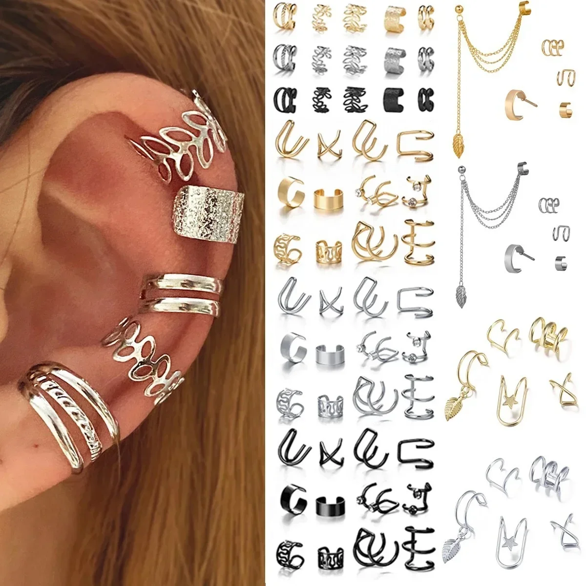 Fashion Gold Silver Color Leaves Clip Earrings for Women Men Creative Simple C Ear Cuff Non-Piercing Ear Clip Set Trendy Jewelry