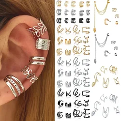 Fashion Gold Silver Color Leaves Clip Earrings for Women Men Creative Simple C Ear Cuff Non-Piercing Ear Clip Set Trendy Jewelry