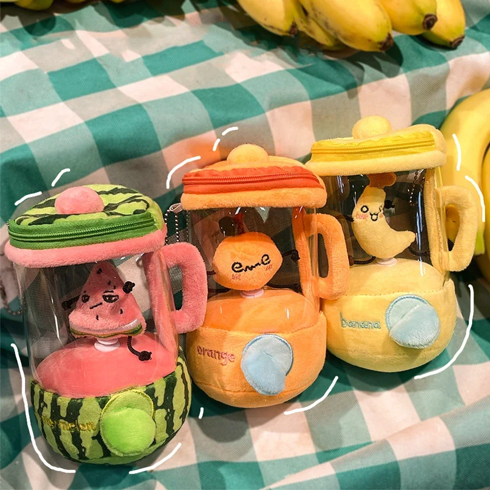 Cartoon Fruit Juicer Plush Toy Watermelon/Orange/Banana Bag Pendants Blender Toy Drawstring Rotating Plush Keychains