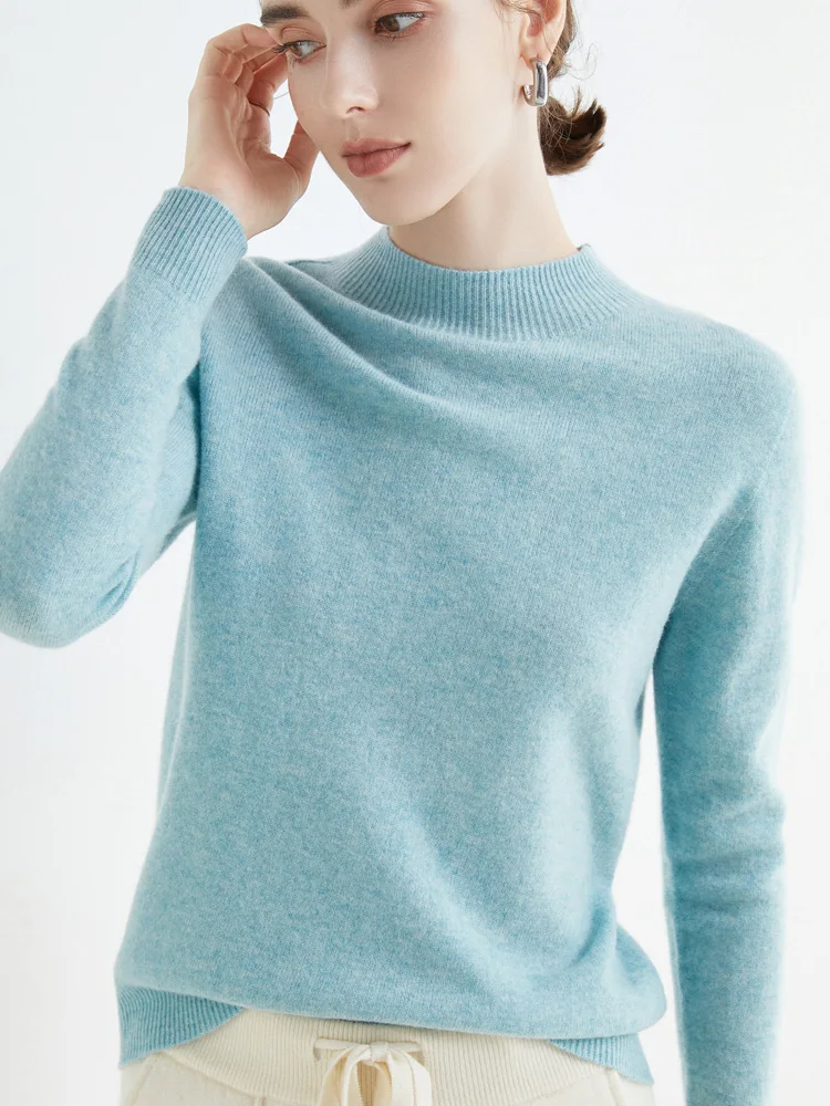 New Autumn Winter 100% Pure Merino Wool Pullover High Quality Sweater Mock-Neck Cashmere Knitwear Women Clothing Basic Top